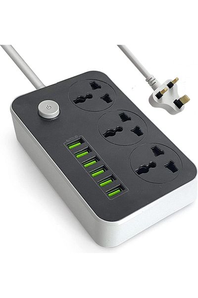 SLIMTA Power Strips Extension Cord 3 Outlets, Power Socket with 6 USB Ports Universal Charging Socket 2m