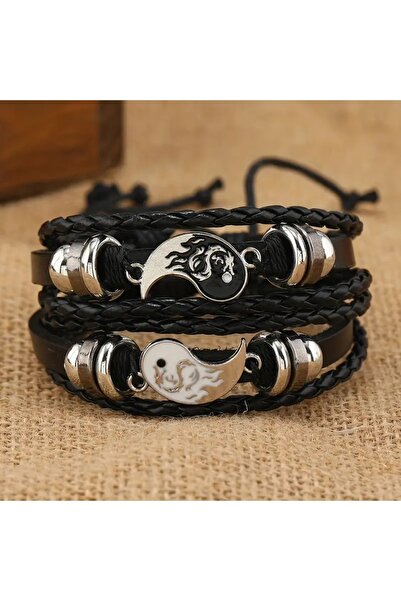 Feron accessories Çiftlere Özel Yin Yang Deri Bileklik Seti | Siyah Beyaz Ale...