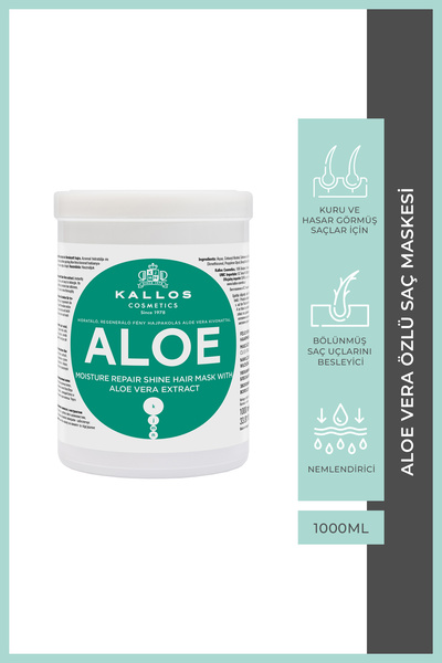Kallos Cosmetics Aloe Vera Özlü 1000 ml Nem Terapisi ve Işıltı Verici Saç Bak...