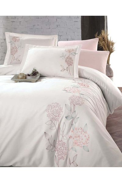 Okya Home Serenova Ivory & Pink Cotton Satin Bed Linen Set 6 Pcs 200x220 Cm & Gift Turkish Coffee Set