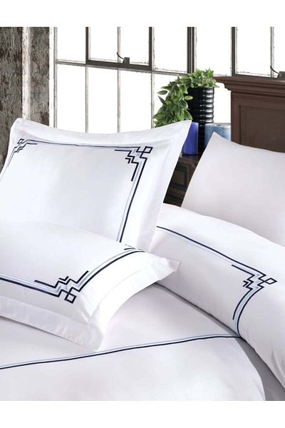 Okya Home Noctura White & Midnight Blue Cotton Satin Bed Linen 6 Pcs 200x220 Cm & Gift Turkish Coffee Set