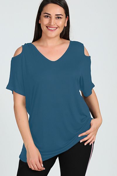 Curvy Trend Large Size Shoulder V Window Short Sleeve Blouse