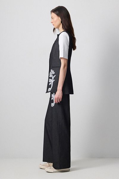 Touché Privé Denim Vest Pants Suit with Embroidery Detail