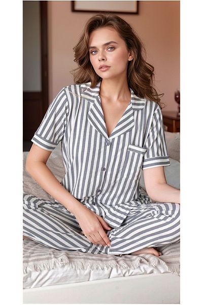 QKK Set de pijamale cu dungi din bumbac gri pentru damă
