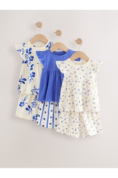 Next Baby 100% Cotton White Blue Ruffle Patterned Short Sleeve 3-Piece Top and Bottom Set