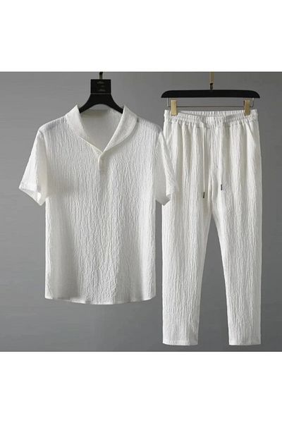 SKYLİGHT Unisex Women Men Wrinkled Crinkle Fabric Summer Lycra Short Sleeve T-Shirt Tracksuit Set