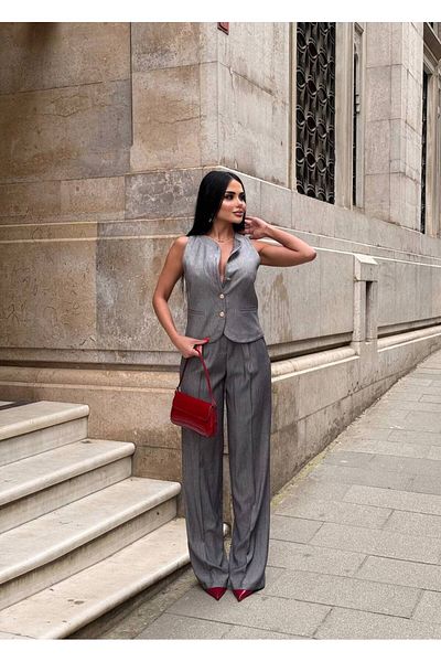 Friday Mood Women's Metallic Gold Button Vest&Pants Set