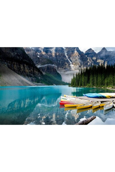 Zumzeria Tablou Canvas Peisaj de munți epici cu bărci multicolore, 80x50cm