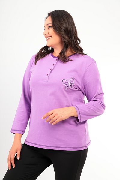 MAMAYAGA Tricou sport șic casual, cu mânecă lungă, cu imprimeu fluture, cu decolteu, cu nasturi