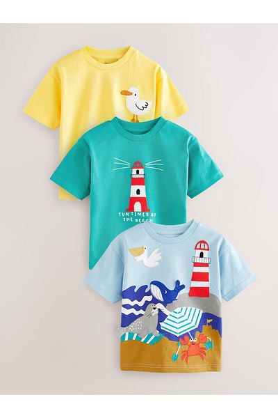 Next Baby Set de 3 tricouri cu mânecă scurtă, 100% bumbac, cu tematică marină