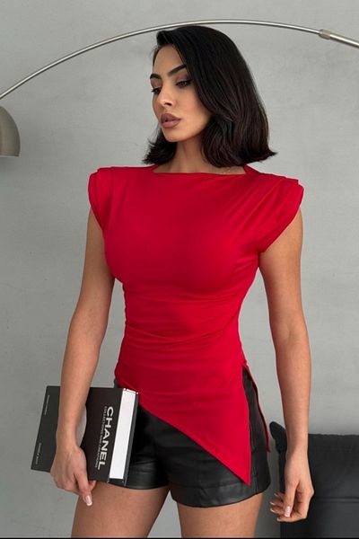 Safgiyim44 Asymmetrical Cut Sandy Fabric Blouse with Padded Shoulder