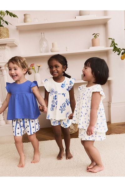 Next Baby 100% Cotton White Blue Ruffle Patterned Short Sleeve 3-Piece Top and Bottom Set