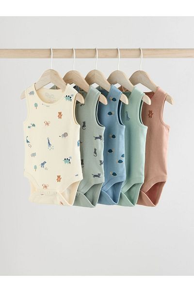 Next Baby 100% Cotton Blue Animal Patterned 5-Piece Bodysuit Set