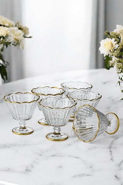 TrendDeco Gold Gilded 6-Piece Footed Glass Bowl Ice Cream Bowl Magnolia Pudding Bowl