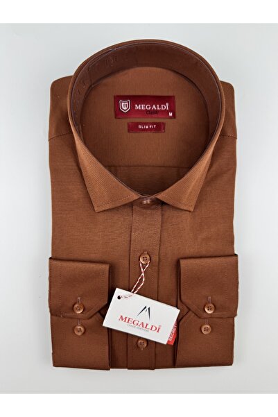MEGALDİ Erkek Slim Fit Kiremit Armürlü Uzun Kollu Gömlek