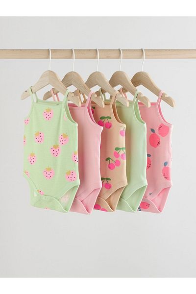 Next Baby 100% Cotton Green Pink Fruit Patterned Rope Strap 5-Piece Bodysuit Set