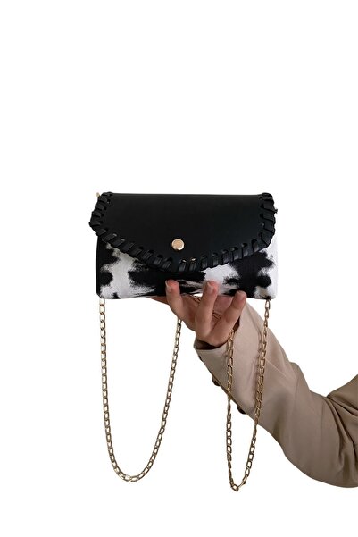 Melos Butik Geantă mini crossbody cu curea cu lanț cu model alb-negru pentru femei