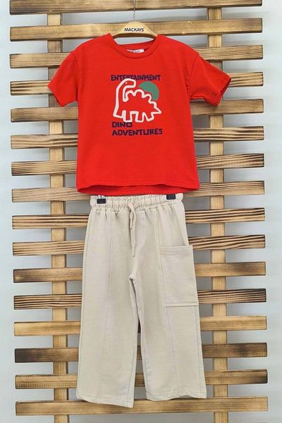 wakawakakidsstore Set 2 piese pentru băiat cu tricou imprimat în față și în spate și pantaloni - roșu