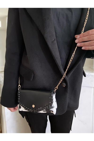 Melos Butik Geantă mini crossbody cu curea cu lanț cu model alb-negru pentru femei