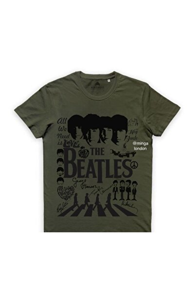 Minga London The Beatles Music Band Χακί Χρώμα Μπροστινό Τυπωμένο Μπλουζάκι Oversize -Mingalondon