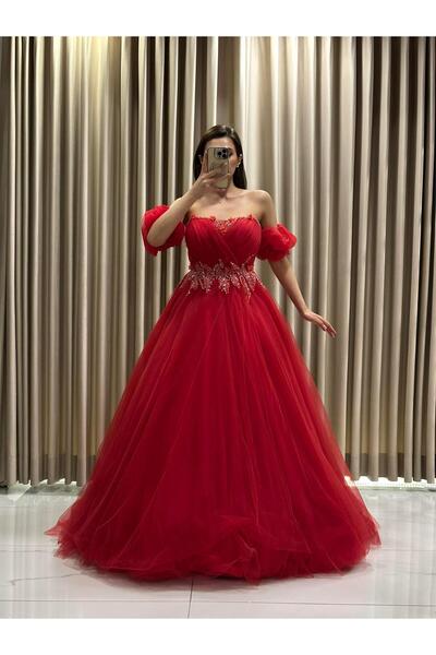 Kaleiçi Yıldızlar Kırmızı Balon Kol Nişanlık Abiye Elbise |