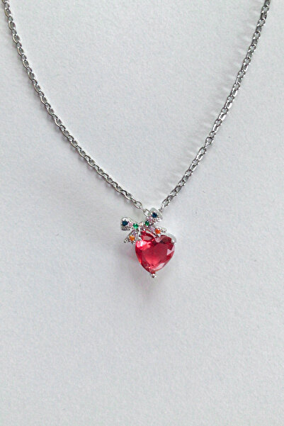 AurorAccessory قلادة على شكل قلب أحمر من فولينتا شوب مرصعة بحجر الزركون الفول...