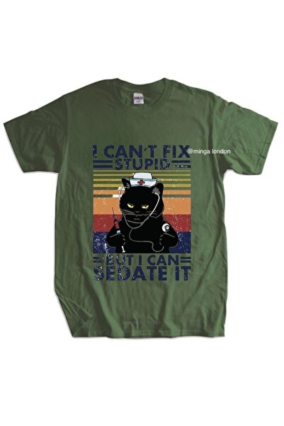 Minga London Nurse Black Cat Khaki Color Front Printed Oversize T-Shirt -Mingalondon