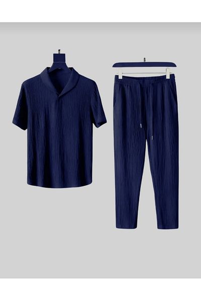 SKYLİGHT Unisex Women Men Wrinkled Crinkle Fabric Summer Lycra Short Sleeve T-Shirt Tracksuit Set