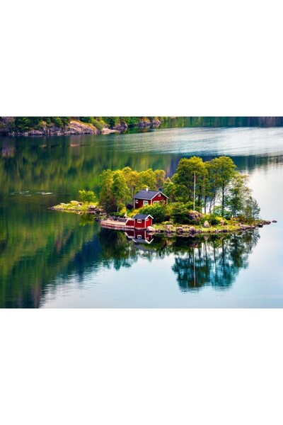 Zumzeria Tablou Canvas Vedere uimitoare a cabanei din lemn roșu în mijlocul unui lac, 80x50cm