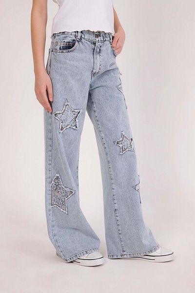 wakawakakidsstore Star Appliqued Sequin Embroidered Girls' Jeans - Blue