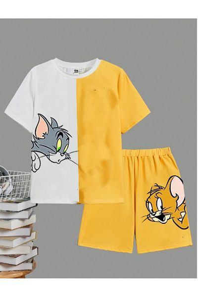 bebekpare Boy's Tshirt Shorts Set Double Color Cat and Mouse
