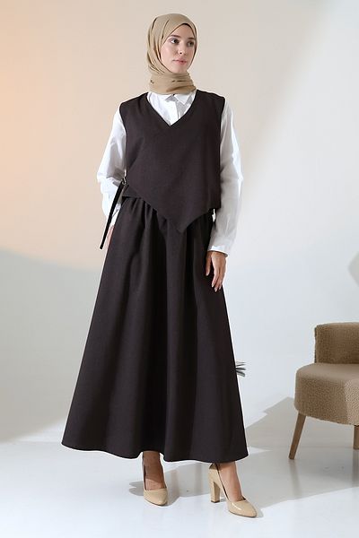 Mihran Butik Women's Woven Belt Detailed Bitter Brown Vest Skirt Suit