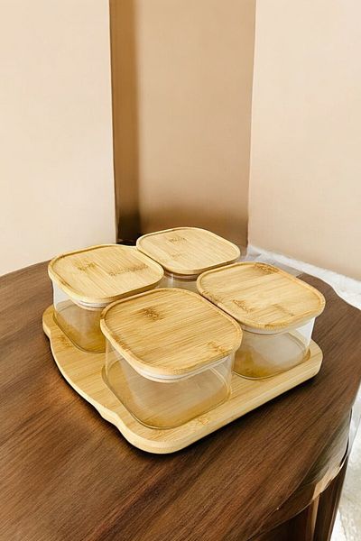 Mirilliahome 4-Piece Vacuum Sealed Borosilicate Glass Breakfast Set - Airtight Storage Container with Bamboo Tray