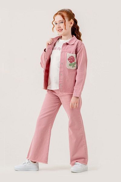 wakawakakidsstore Pink 3Pcs Girls' Suit: Embossed Printed T-Shirt, Tassel Jeans, Jacket and Pants