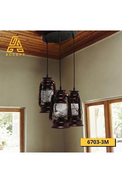 ACCEPT Triple Hanging Chandelier in the Shape of a Giant Lantern, Dark Copper
