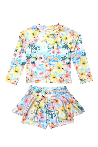 Lolliboomkids Pastel Color Floral Print Long Sleeve Leggings Skirted 2 Piece Swimsuit / Bikini Set