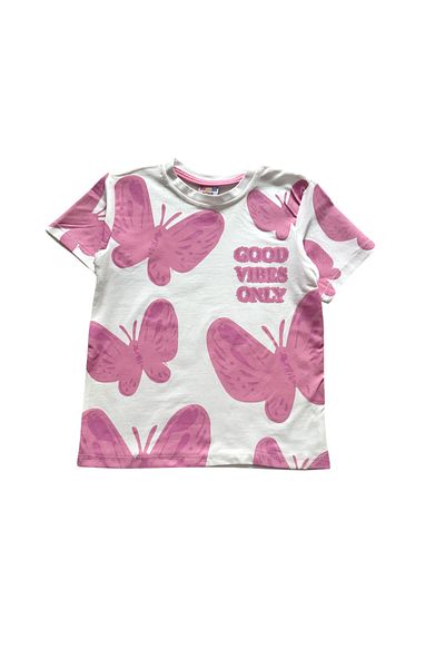 Şekerkids Girl's Cotton Pink Butterfly Patterned Shorts Set