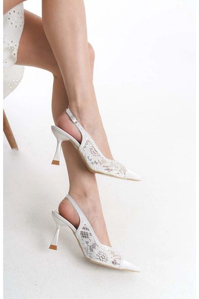Kids Club Shoes Pantofi de damă cu toc stiletto cu dantelă din satin alb Feles