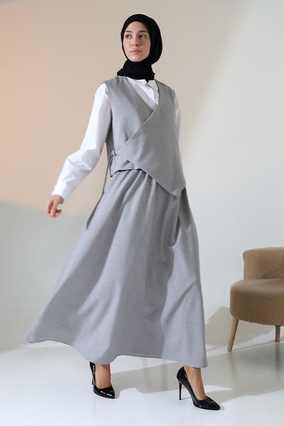 Mihran Butik Women's Woven Belt Detailed Gray Vest Skirt Suit