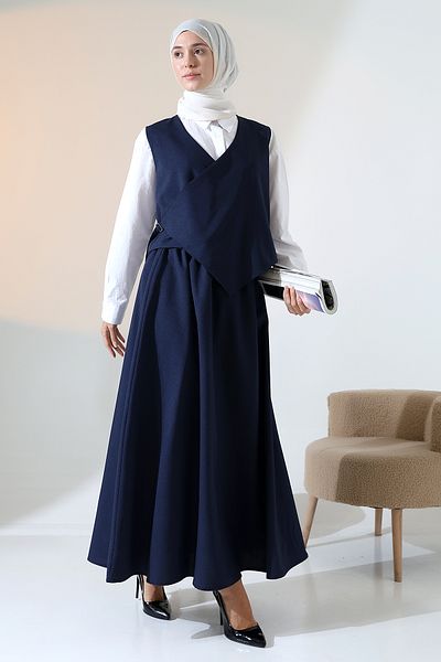 Mihran Butik Women's Woven Belt Detailed Navy Blue Vest Skirt Suit
