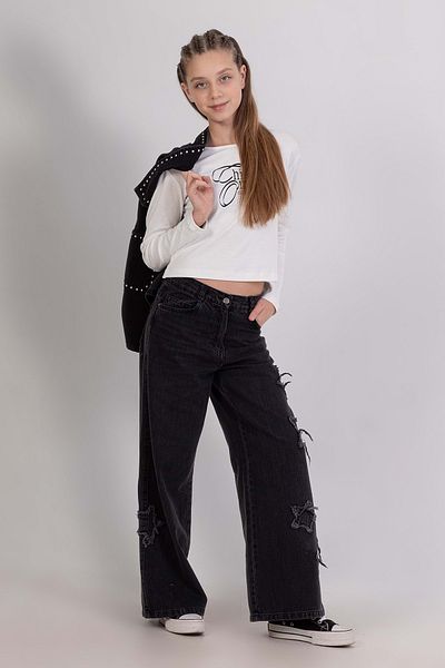 wakawakakidsstore Star Applique Wide Leg Adjustable Waisted Girl's Jeans