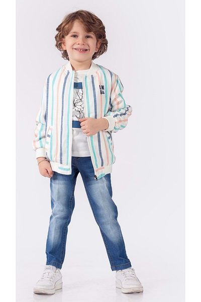 wakawakakidsstore Striped Jacket Front Printed T-Shirt Jeans Pants 3 Piece Boy's Set