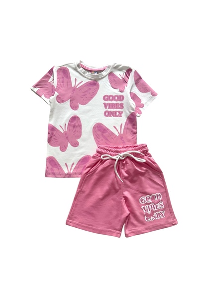Şekerkids Girl's Cotton Pink Butterfly Patterned Shorts Set