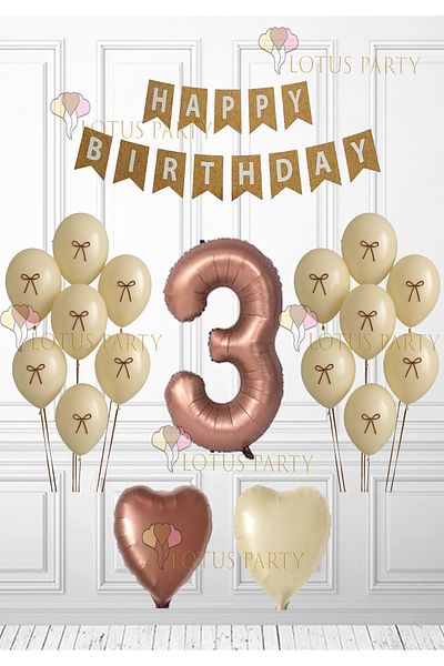 LOTUS PARTY Anniversary Set - Retro Style, Paper Balloons, Heart Motif, for 3 Years Old