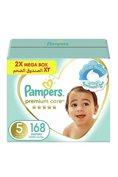 Pampers Premium Care Baby Diapers, Size 5, 11 - 16 Kg 168 Count - 2 x Mega Box