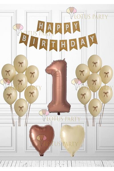 LOTUS PARTY Retro Birthday Set - Balloon with Ribbon - Brown Heart Balloon - Kraft Happy Birtyday Banner 1 Year Old