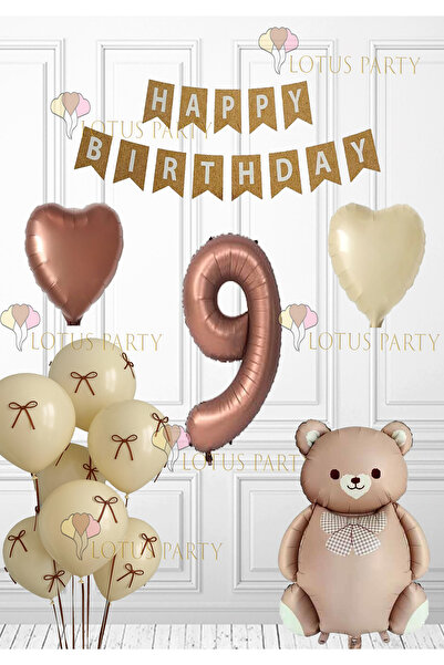 LOTUS PARTY Retro Brown Bear Birthday Set Balloon with Ribbon Brown Heart Balloon Kraft Happy Banner 9 Years Old