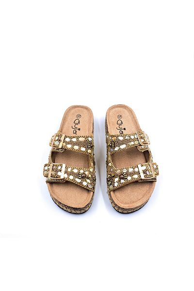 Guja Mother of Pearl Stone Bead Detailed Buckle Gold Color Women's Slippers
