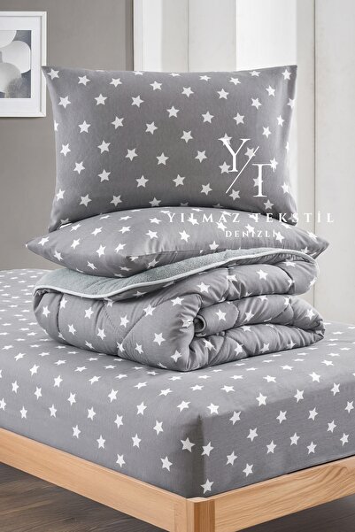 Home Tek Kişilik Welsoft Yorgan Uyku Seti Füme Yıldız | Lastikli Çarşaflı | Çeyiz Seti | Çeyiz Takımı