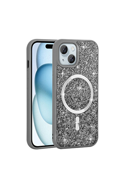 m.tk moveteck iPhone 13 Ve 14 Uyumlu Kılıf Kum Taşlı Kristal Görünümlü Simli Parlak Renkli Magsafe Kapak